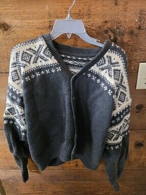 Women's Gray and Cream Nordic Knit Cardigan Sweater